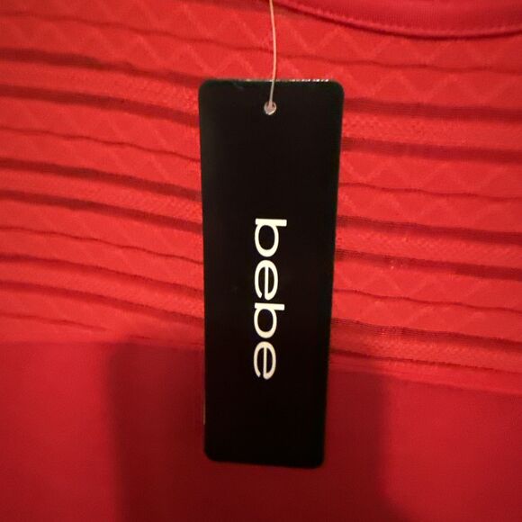 Bebe Red Striped Sheer Bodycon Longsleeve Dress Size L SALT1099 NWT - Picture 4 of 10